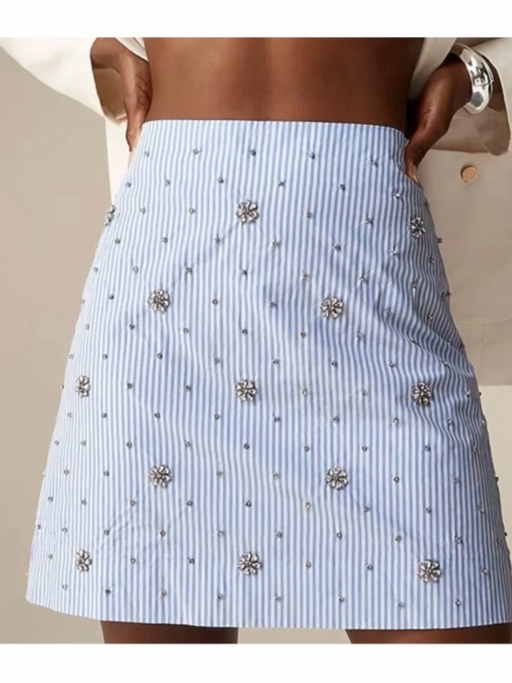 J. Crew Light Blue and White Striped Embellished Mini Skirt